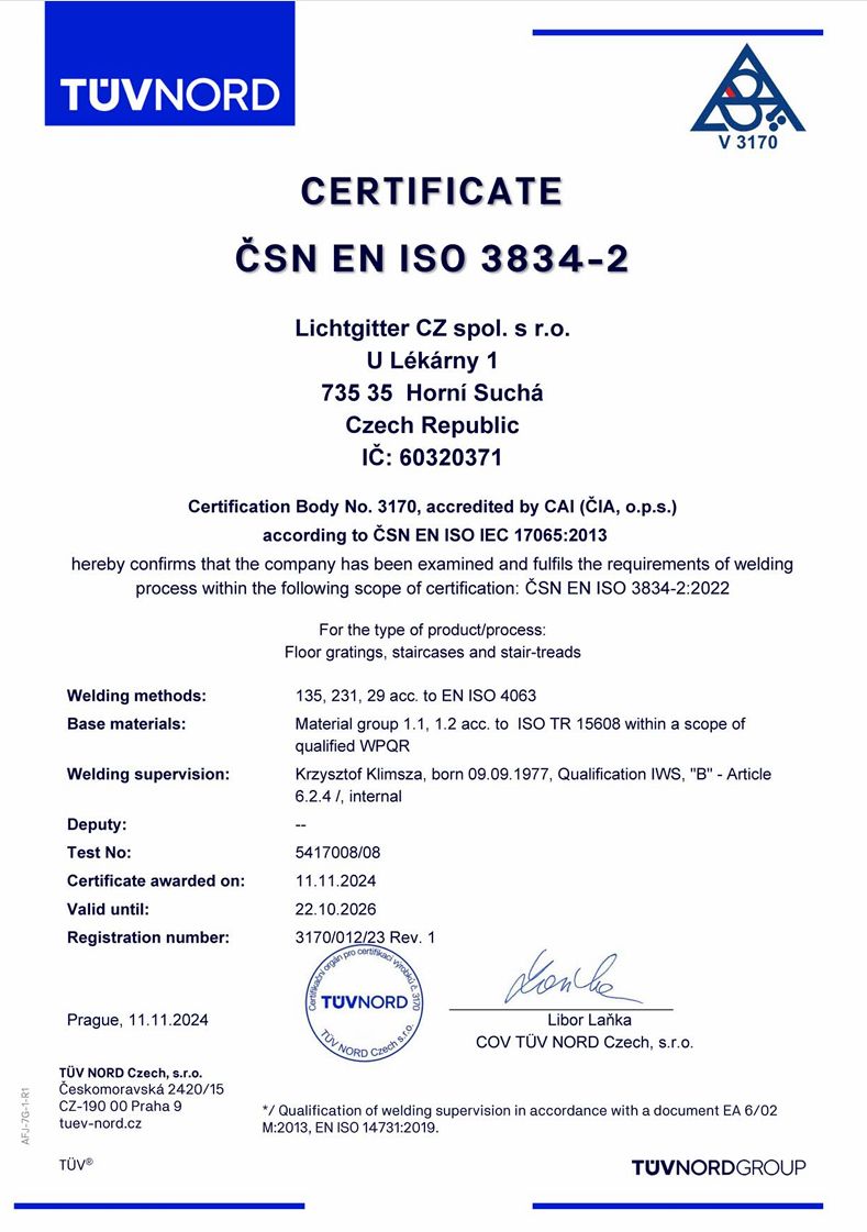 Certifíkát EN ISO 3834-2