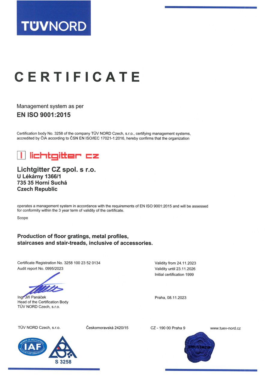 Certifíkát EN ISO 9001:2015